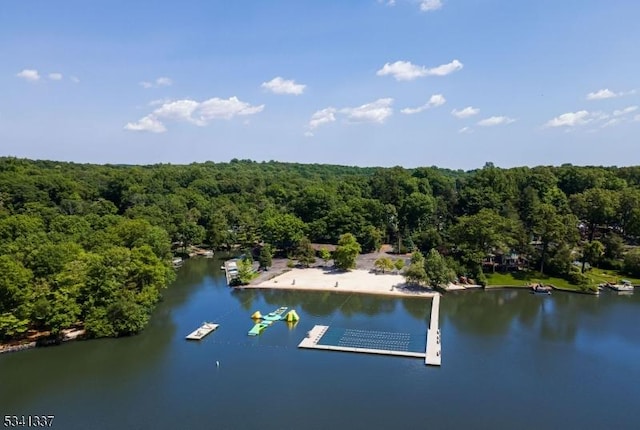 drone / aerial view featuring a water view and a wooded view