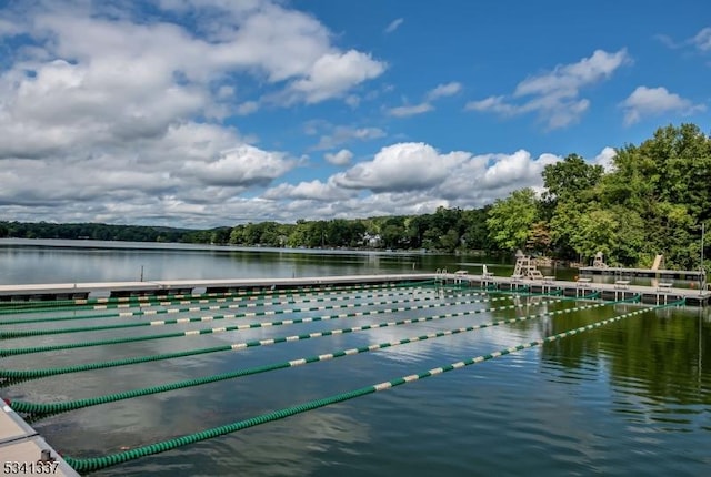 view of swimming pool with a water view