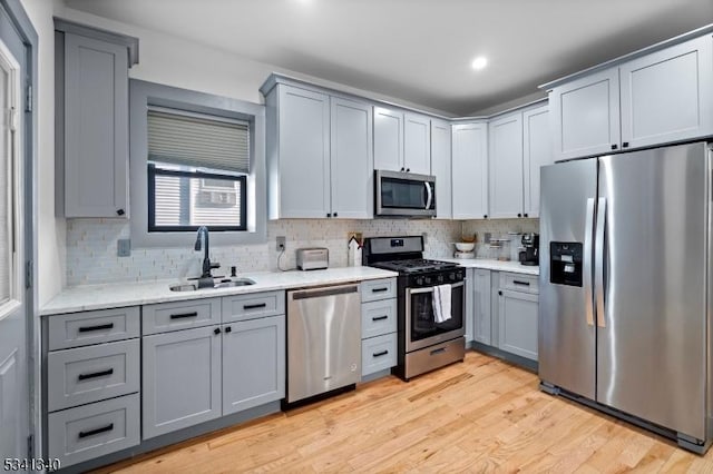 kitchen featuring tasteful backsplash, light wood-style flooring, appliances with stainless steel finishes, gray cabinets, and a sink