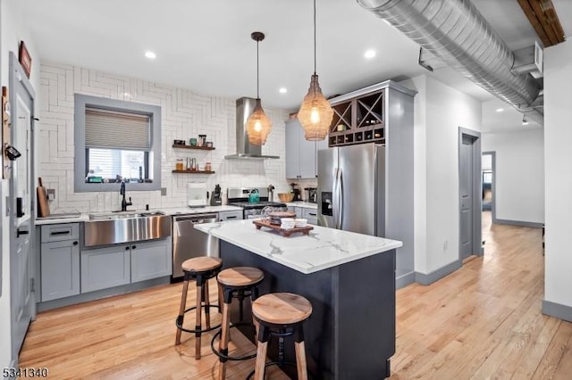 kitchen featuring appliances with stainless steel finishes, a center island, gray cabinets, wall chimney range hood, and a sink