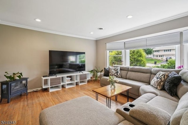 4 Dorrien Rd, Livingston Twp, NJ 07039 - living area featuring ornamental molding, a wood stove, wood finished floors, and recessed lighting