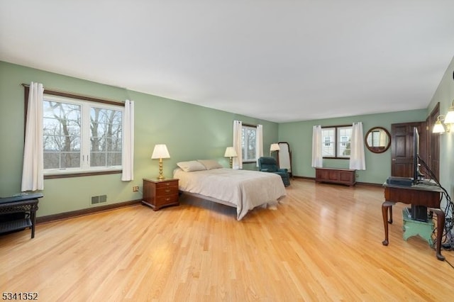 bedroom featuring light wood-type flooring, baseboards, and visible vents