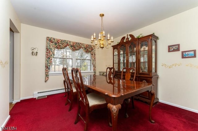 dining room featuring a chandelier, carpet, baseboards, and baseboard heating