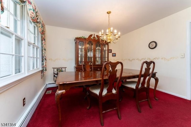 carpeted dining room with baseboards, a baseboard heating unit, and a notable chandelier