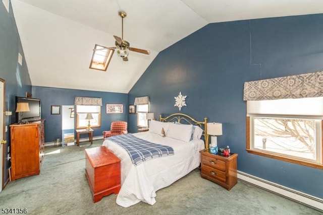 bedroom with high vaulted ceiling, a baseboard radiator, carpet flooring, a ceiling fan, and baseboards