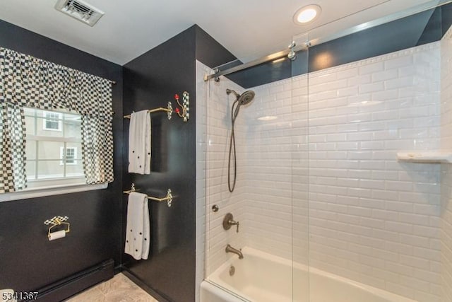 full bath with visible vents, bath / shower combo with glass door, and tile patterned floors