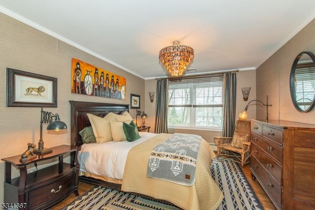 bedroom featuring dark wood-type flooring and crown molding