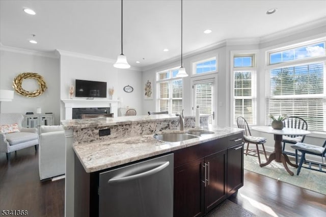 kitchen with dark wood-style floors, open floor plan, a sink, and stainless steel dishwasher