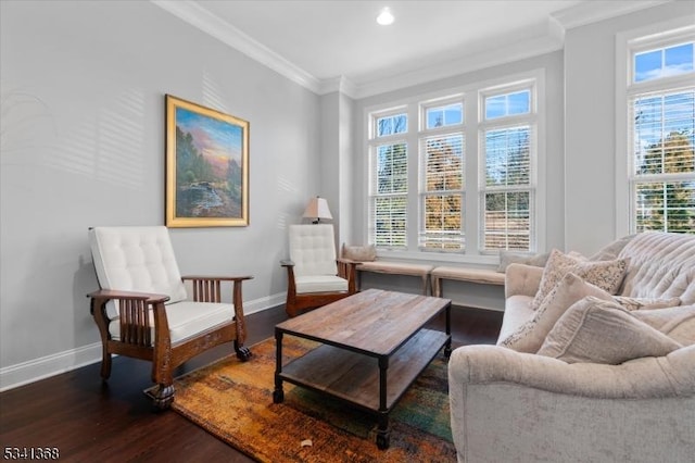 living area featuring ornamental molding, recessed lighting, baseboards, and dark wood-style floors