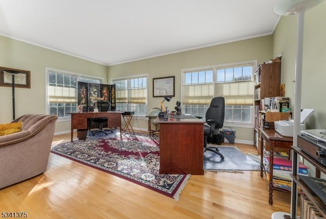 office space with ornamental molding, baseboards, and light wood finished floors