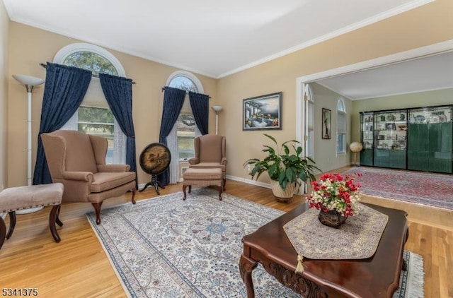 sitting room featuring light wood finished floors, baseboards, and ornamental molding