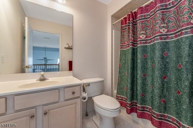 full bathroom featuring toilet, tile patterned flooring, ceiling fan, and vanity