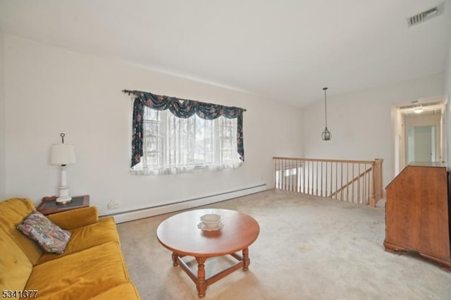 carpeted living room featuring a baseboard radiator and visible vents