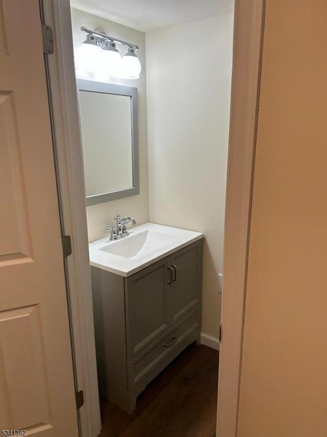 bathroom with wood finished floors and vanity