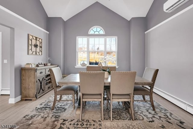 dining space with lofted ceiling, a baseboard radiator, baseboard heating, a wall mounted air conditioner, and baseboards