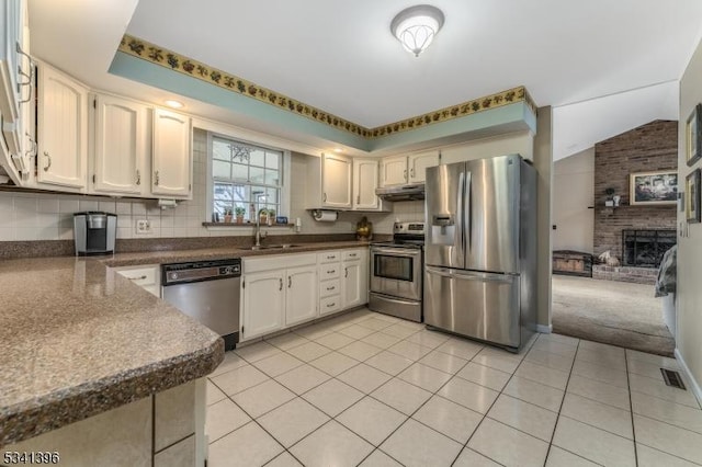 kitchen with under cabinet range hood, a sink, vaulted ceiling, appliances with stainless steel finishes, and dark countertops