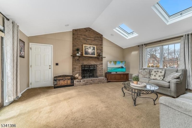 carpeted living room with lofted ceiling with skylight and a brick fireplace