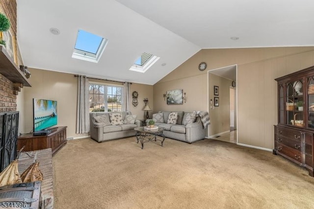 living room featuring light colored carpet and vaulted ceiling