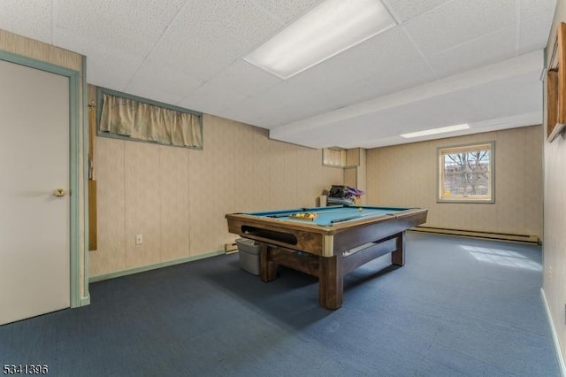 playroom featuring a baseboard heating unit, carpet flooring, and billiards