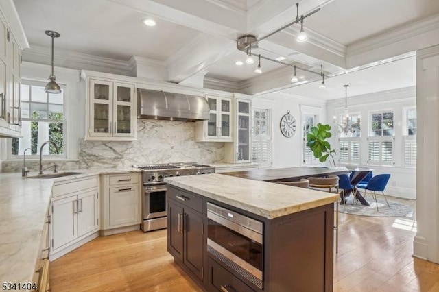 kitchen featuring a healthy amount of sunlight, appliances with stainless steel finishes, wall chimney range hood, and a sink