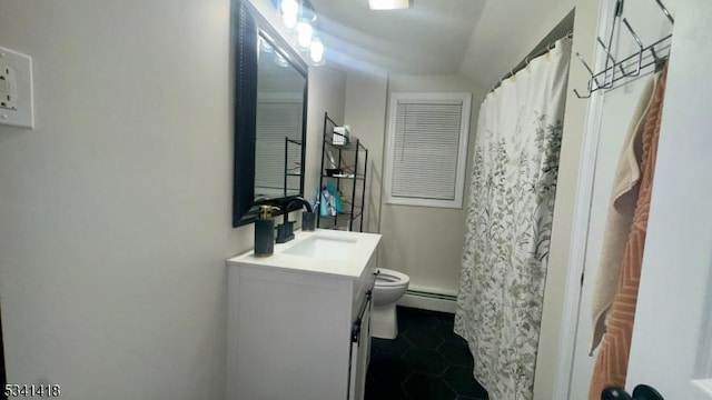 full bath with curtained shower, tile patterned flooring, toilet, a baseboard heating unit, and vanity