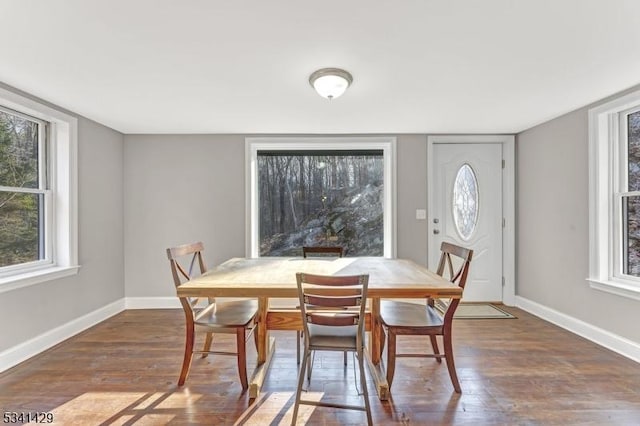 dining room featuring dark wood-style floors and baseboards