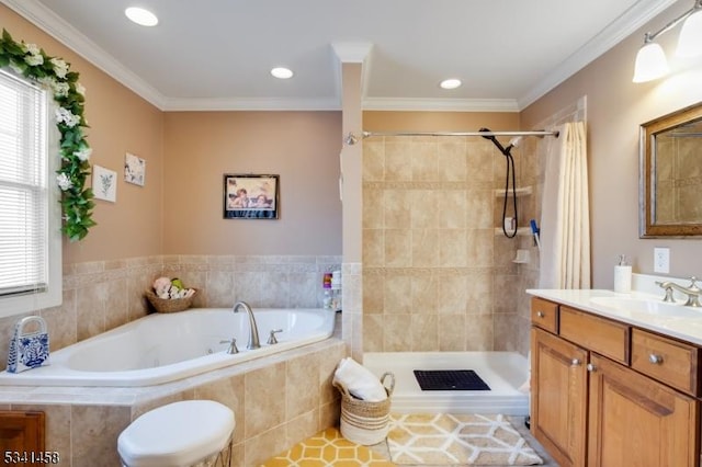 bathroom featuring a garden tub, recessed lighting, ornamental molding, a tile shower, and vanity