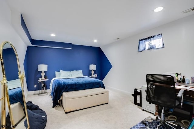 carpeted bedroom with recessed lighting, visible vents, and baseboards