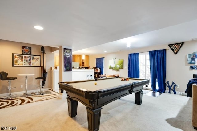 playroom featuring recessed lighting, light carpet, billiards, and baseboards