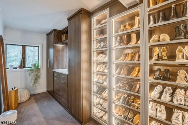 interior space featuring baseboards, dark carpet, and crown molding