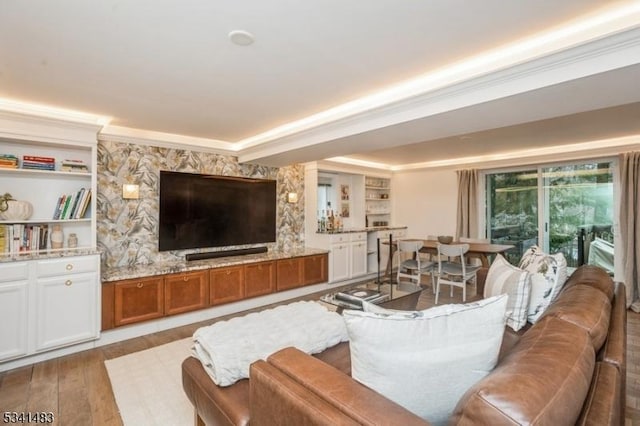 living room featuring ornamental molding, a raised ceiling, and light wood finished floors