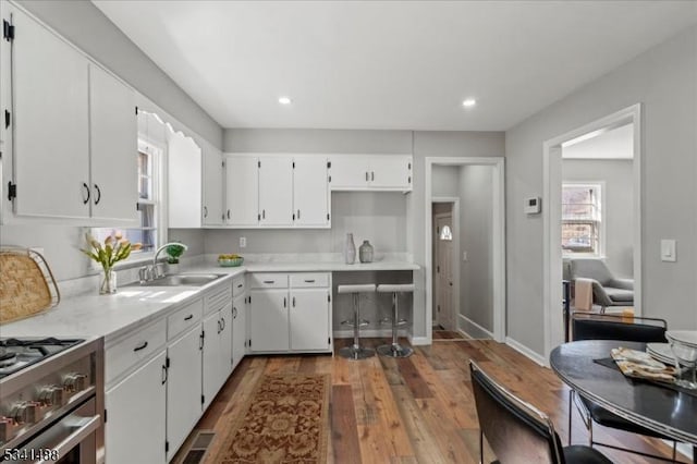 kitchen featuring wood finished floors, visible vents, a sink, white cabinetry, and light countertops