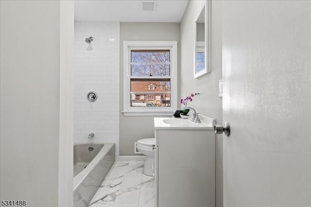 bathroom featuring shower / bath combination, visible vents, toilet, marble finish floor, and vanity