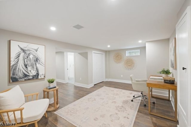 office with recessed lighting, baseboards, and dark wood-type flooring