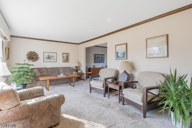 carpeted living room featuring crown molding