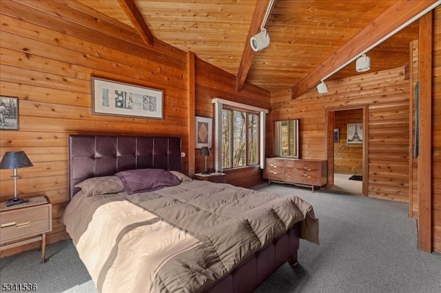 carpeted bedroom featuring wood walls, wood ceiling, beam ceiling, and rail lighting