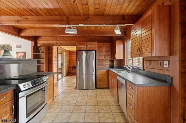 kitchen with brown cabinets, dark countertops, appliances with stainless steel finishes, a sink, and wooden ceiling