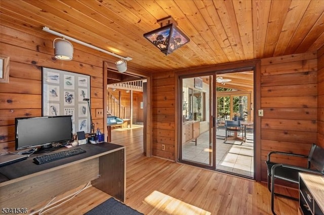 home office featuring light wood-style floors, wood ceiling, and wooden walls