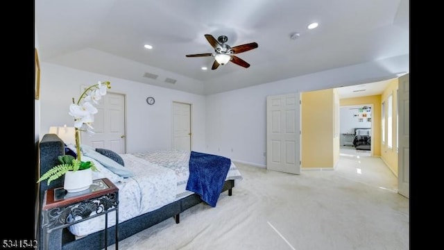 bedroom with light carpet, visible vents, baseboards, a ceiling fan, and recessed lighting