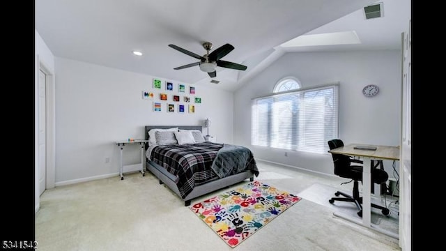 bedroom with vaulted ceiling, carpet, visible vents, and baseboards