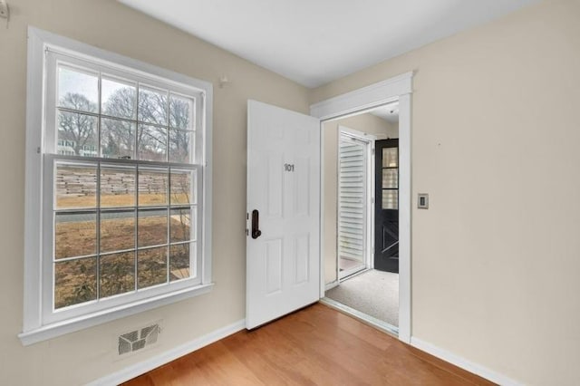 foyer featuring wood finished floors, visible vents, a wealth of natural light, and baseboards