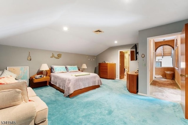 bedroom with recessed lighting, light carpet, visible vents, baseboards, and vaulted ceiling