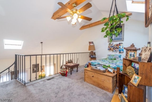 sitting room featuring carpet floors, lofted ceiling with skylight, visible vents, and a ceiling fan