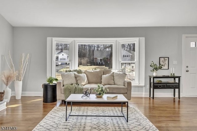 interior space with a wealth of natural light, baseboards, and wood finished floors