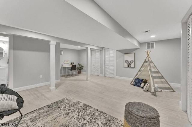 game room featuring baseboards, visible vents, wood finished floors, and recessed lighting