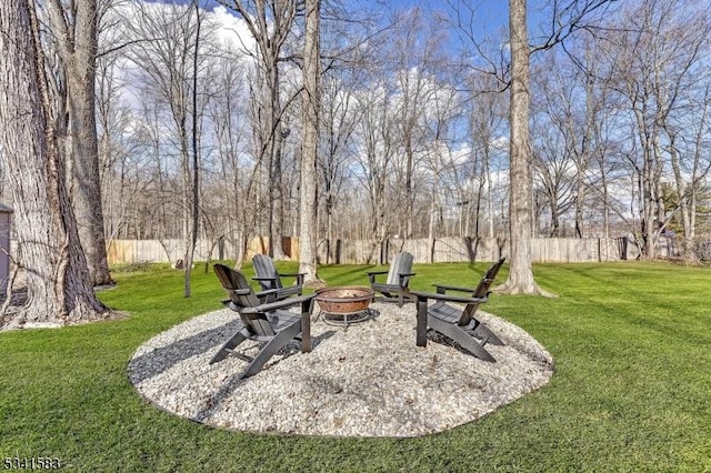 surrounding community featuring a fire pit, a yard, and fence