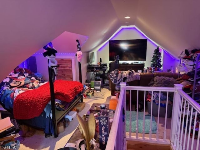 bedroom featuring lofted ceiling