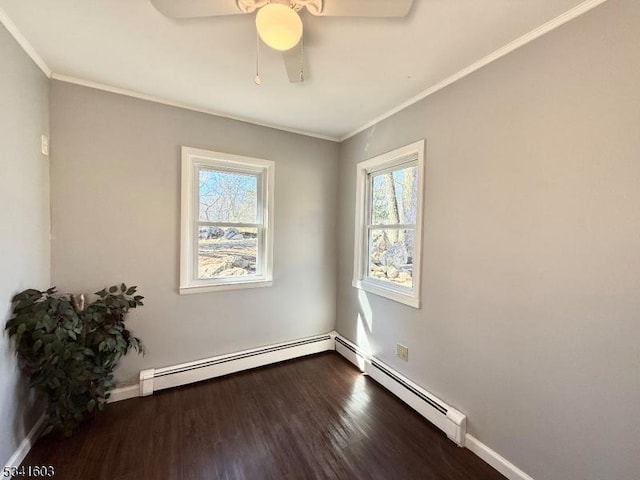 unfurnished room featuring baseboards, a baseboard radiator, ceiling fan, ornamental molding, and wood finished floors