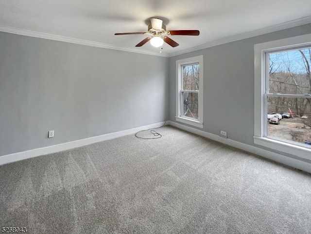 unfurnished room with ornamental molding, carpet floors, baseboards, and a ceiling fan