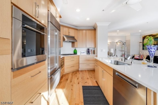 kitchen featuring a sink, appliances with stainless steel finishes, light brown cabinets, and under cabinet range hood